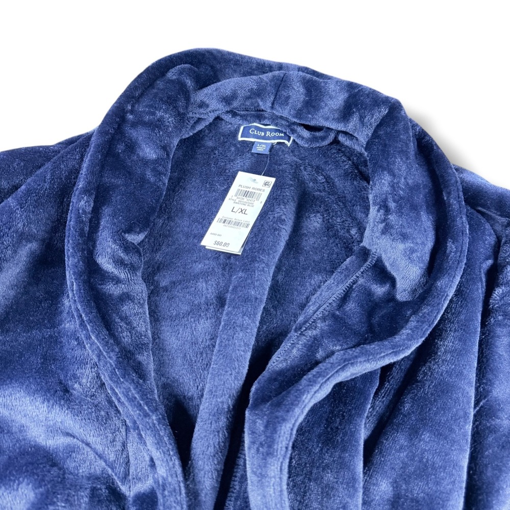 Club Room Robe Men's Navy Blue Fleece Plush Shawl Collar Size L/XL Small Medium - Picture 5 of 8